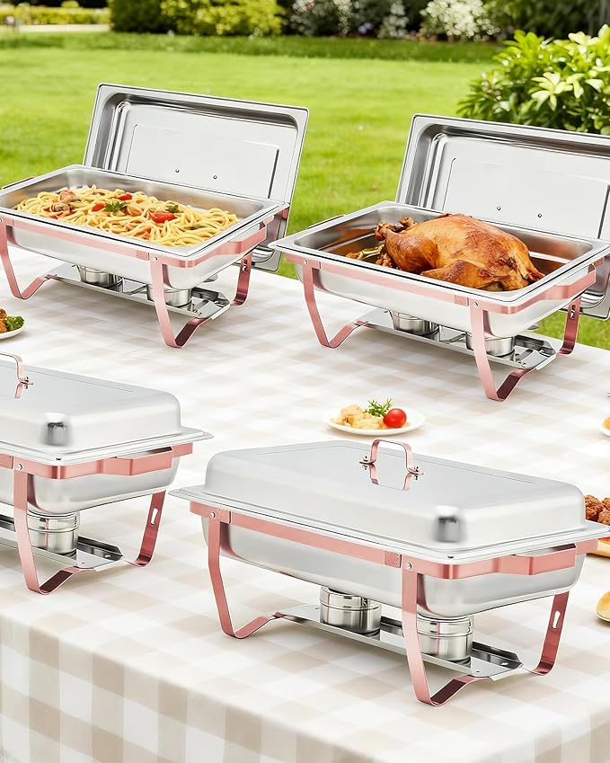 Garvee Chafing Dishes for Buffet Set of 4, 8QT Buffet Servers and Warmers Set with Lid & Foldable Frame, Rectangular Stainless Steel Chafer Food Warmer for Parties Wedding Catering Supplies, Rose Gold