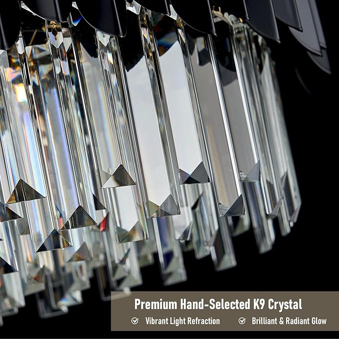 20" Black Crystal Chandelier 4-Tier Round 6 Lights Ceiling Light Fixture K9 Pendant Hanging for Entryway Foyer Dining Room Bedroom Living Room