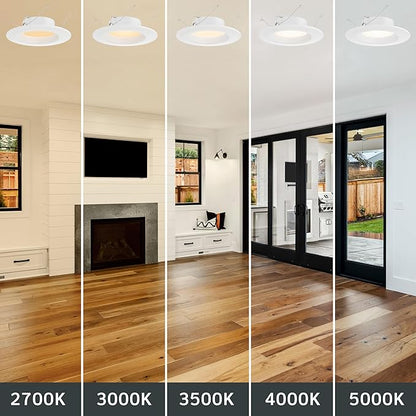 Designers Fountain LED Recessed Ceiling Lights 6 Pack, 5/6 Inch 5CCT Metal Lighting Fixture, Dimmable, 1000 Lumens, 2700K/3000K/3500K/4000K/5000K, White Baffle Trim, EVL61093T50WH-6