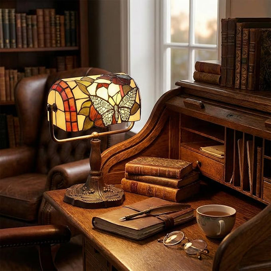 Tiffany Style Bankers Lamp-Stained Glass Butterfly Design Table or Desk Light LED Bulb Included-Vintage Look Colorful Accent Decor by Lavish Home