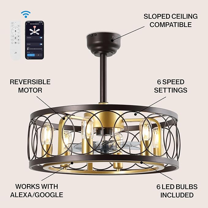 JONATHAN Y 21.6" Oil Rubbed Bronze/Gold Painting Caged Ceiling Fan with Lights, 6-Speed Industrial Farmhouse Flush Mount Fan with Remote and App Control, Metal Cage Shade, 6 LED Bulbs (JYL9732B)