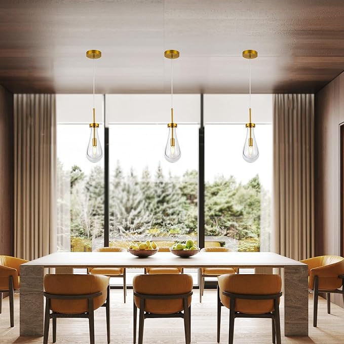 Raindrop Pendant Lights for Kitchen Island Dining Room, Handblown Teardrop Glass Kitchen Light Fixtures Luxury 1-Light Brushed Brass Pendant Lights Hanging Lamps for Bedroom Dining Table, Hallway