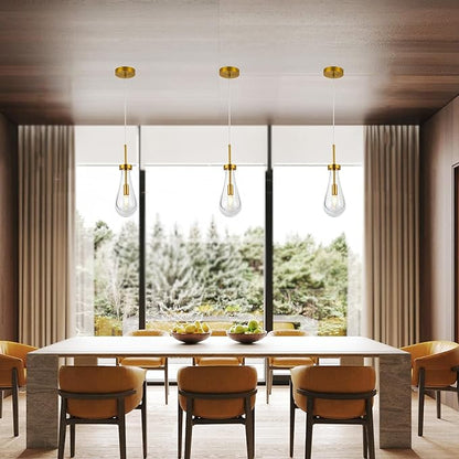 Raindrop Pendant Lights for Kitchen Island Dining Room, Handblown Teardrop Glass Kitchen Light Fixtures Luxury 1-Light Brushed Brass Pendant Lights Hanging Lamps for Bedroom Dining Table, Hallway