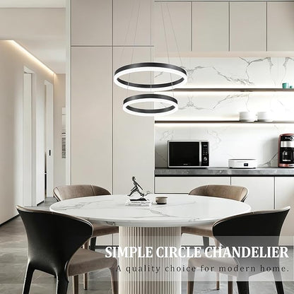 Modern Black Led Chandelier 2 Rings Dimmable LED Chandeliers with Remote Control Light Fixture for Kitchen Island Height Adjustable Chandelier Led Pendant Light for Living Room Dining Room