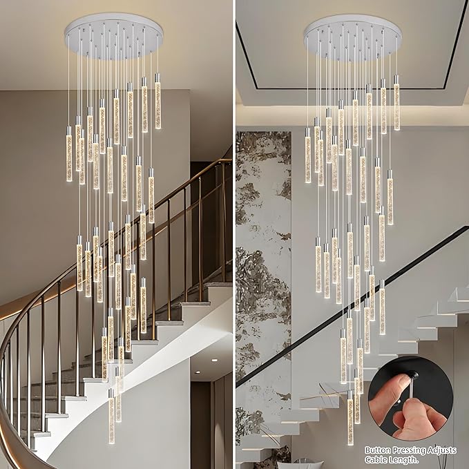 30-Lights Bubble Chandelier for Entryway High Ceiling-196 Height Adjustable Crystal Chandelier,3 Color Temperature Dimmable LED Pendant Light Fixture for Foyer Living Room Staircase,Chrome