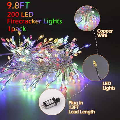 Minetom Fairy Lights Plug in, 10Feet 200LED Cluster String Lights, Silver Wire Waterproof Starry Firecracker Lights for Ceiling Bedroom Wreath Window Wedding Christmas Tree Decorations, Multicolor