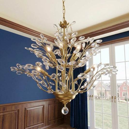 Maxax 27.5" Modern Gold Crystal Chandelier, Tree Branch Pendant Light Fixture, Elegant Ceiling Lighting for Dining Room Living Room Bedroom