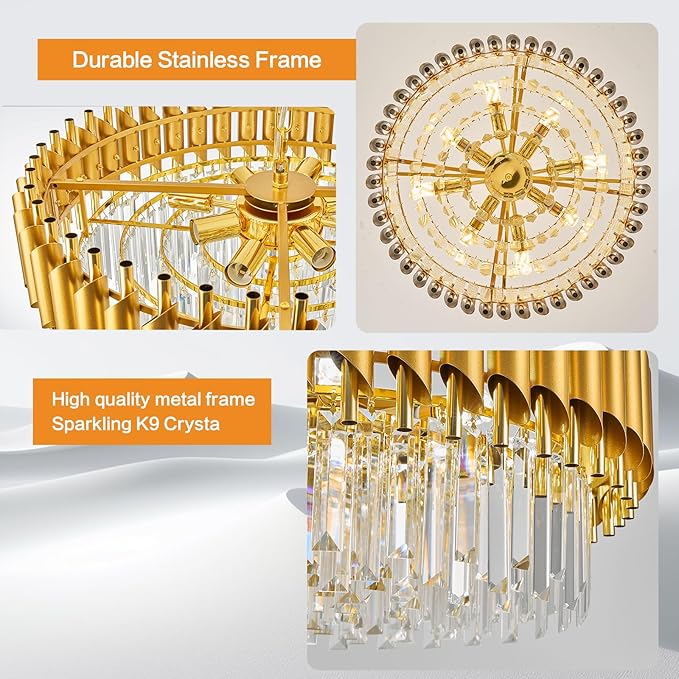 Gold Crystal Chandelier Round Chandeliers – 24" with 5-Tier Sparkling K9 Crystals, Chandeliers for Dining Room Living Room Bedroom Foyer