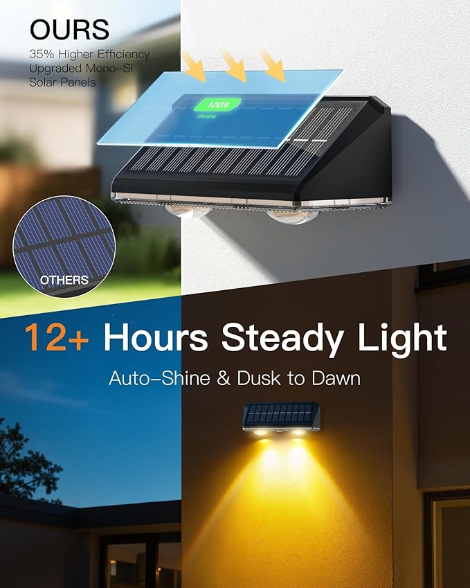 Solar Fence Lights Outdoor, 2 Pack IP65 Waterproof Fence Lights Solar Powered with Ultra-Bright LED Lens, 9 Color Modes, 12+ Hours Steady Glow for Deck/Backyard/Patio/Pool/Wall - Pure Black