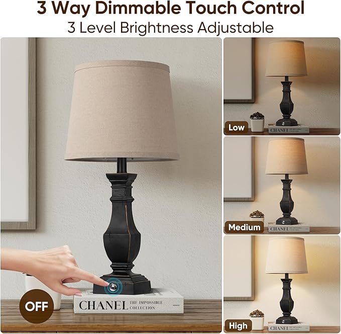 ROTTOGOON Dimmable Table Lamps Set of 2, Rustic Farmhouse Table Lamps for Living Room Bedroom, Bedside Desk Lamps for end Tables, Touch Lamps for nightstand, 9W Bulbs Included, 22", Black
