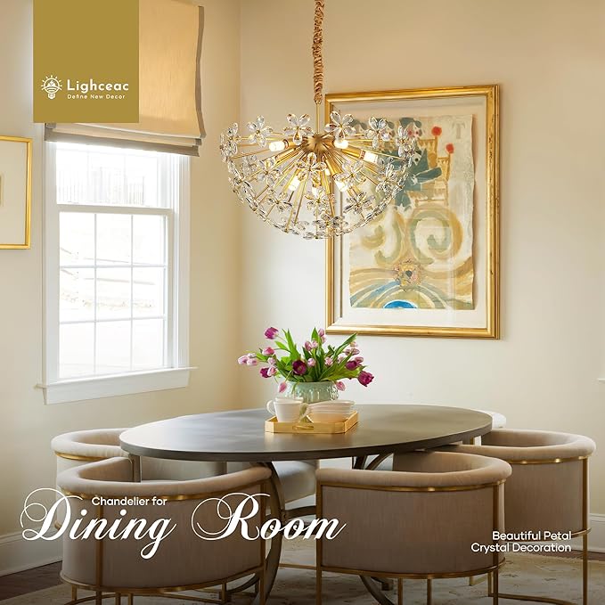 24" Modern Gold Crystal Sputnik Chandelier for Dining Living Room Glam Luxury Petal Semicircle Chandelier 8-Light for Foyer Hallway Elegant Pendant Ceiling Light Fixtures for Kitchen Bedroom