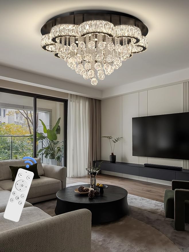 Flashing God W32inches Modern Black Chandeliers Raindrop Crystal Ceiling Lighting Fixture Flush Mount Chandelier for Living Room Hallway Dining Room Kitchen Bedroom