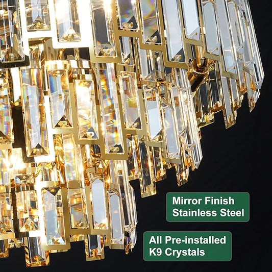 Crystal Chandelier Plated Gold Modern Round Chandeliers for Dining Room Bedroom Kitchen Entryway Chandelier Contemporary Pendant Ceiling Light Fixture Hanging W24.4 10-Light 3-Tier