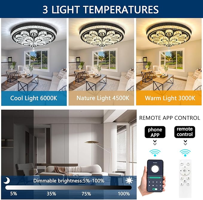 Modern Chandeliers for Living Room Crystal Chandelier Ceiling Light Fixture LED Dimmable with Remote Pendant Lighting Flush Mount Lighting for Dining Room Bedroom Black