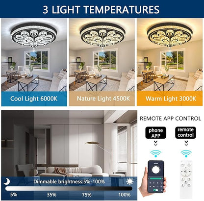 Modern Chandeliers for Living Room Crystal Chandelier Ceiling Light Fixture LED Dimmable with Remote Pendant Lighting Flush Mount Lighting for Dining Room Bedroom Black