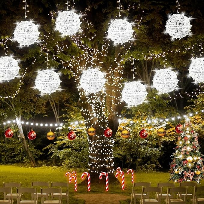 Baung Christmas String Lights Outdoors,4 Pack 7.98" Sphere Ball Tree Garden Globe Lights for Home, Party, Christmas, Porch Patio,Wedding, Garden,Tree Decoration with Memory Function Plug