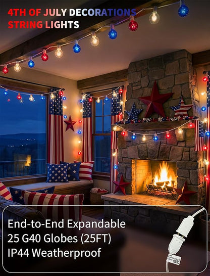 4th of July String Lights 25FT, 27 Incandescent G40 Red White Blue Bulbs (2 Spare), Waterproof Connectable Outdoor Patio Lights for Party Garden Decor