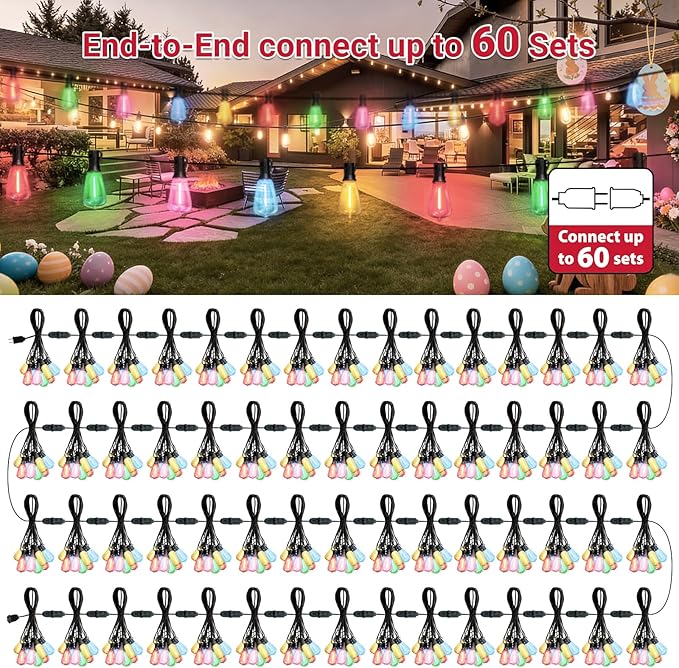LAMPHOME 26FT Outdoor String Lights, ST38 LED Edison Patio Lights with 12+1 Multicolor Bulbs, Connectable & Dimmable Hanging Lights for Easter, Backyard, Porch & Outside Decor