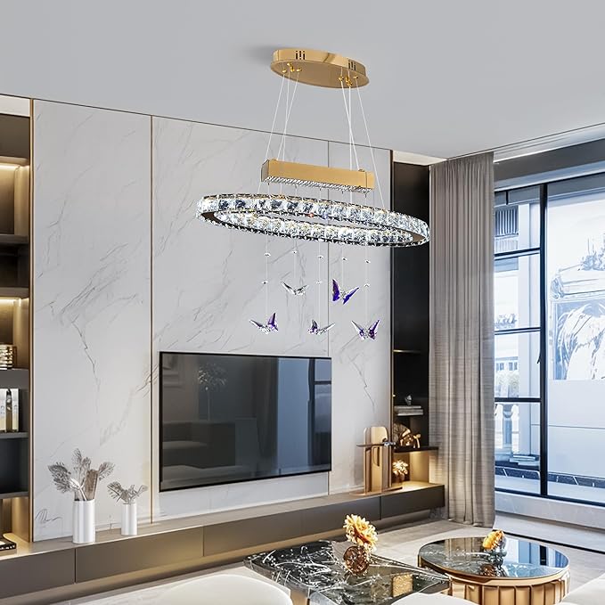 L 24" LED Gold Crystal Butterfly Chandelier, Dimmble LED Light Fixtures with Remote, Gold Modern Oval Crystal Chandeliers, for Dining Room, Kitchen Island, Entryway, Living Room, Bedroom