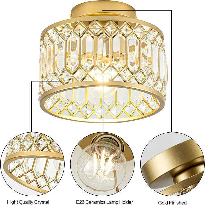 Rpzloila Crystal Ceiling Light, Modern Semi Flush Mount Ceiling Light, Gold Crystal Chandelier for Kitchen Bedroom Bathroom Entryway (Bulb not Included)