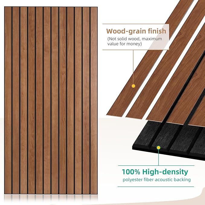 Wood Veneer Acoustic Panels, 4 Pack 47.2”x23.6” Sound Panels, Decorative Large Wood Panels for Wall, for Office,Home Theater,Studio,Living Room, Cherry(Mitred)