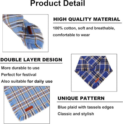 ADOGGYGO Dog Bandanas Boy with Tassels Edges, Stylish Blue Plaid Pet Scarf, Soft Cotton Fabric, Adjustable Reversible Plaid Bandanas for Medium Large Dogs (Large)