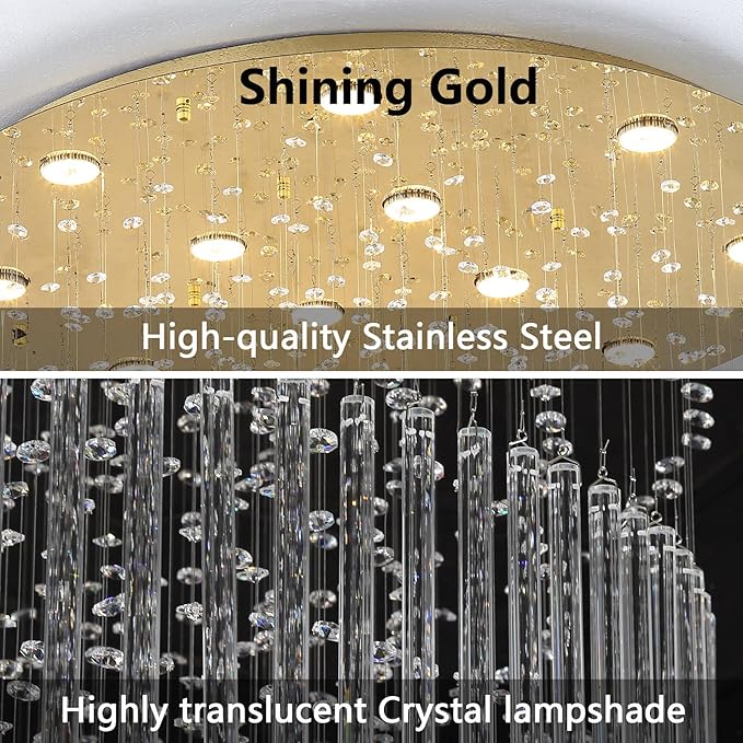 HAIXIANG W40 x H120 Glam Chandelier with LED Bulbs Crystal Raindrop High Ceiling Pendant Light for Entrance Large Villa Chandelier Foyer Lighting Fixtures Gold