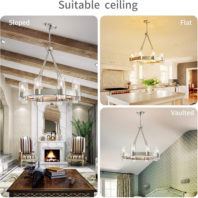 WUZUPS Wagon Wheel Chandelier 8-Light with Clear Glass Industrial Modern Farmhouse Round Light Fixture for Dining Room Kithen Island Foyer, Width 26" Height 22", Nickel