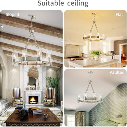 WUZUPS Wagon Wheel Chandelier 8-Light with Clear Glass Industrial Modern Farmhouse Round Light Fixture for Dining Room Kithen Island Foyer, Width 26" Height 22", Nickel