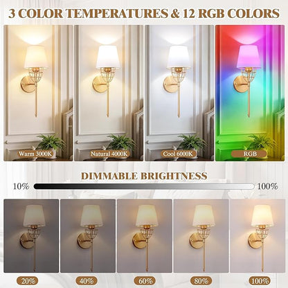 Battery Operated Wall Sconce Set of 2, Gold Rechargeable Wireless Wall Lights, with 5000mAh RGB Dimmable Bulbs and Remote, 15 Colors Wall Lamps Sconces Wall Decor for Bedroom Living Room Hallway