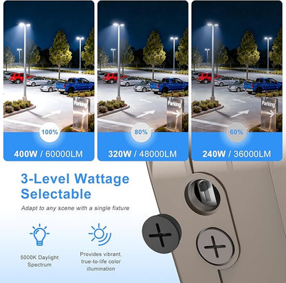 10 Pack 400W LED Parking Lot Lights 60000LM UL Listed Flood Lights IP65 Waterproof 5000K Industrial Grade Outdoor Street Pole Light with Slip Fitter Mount, 110V 120V