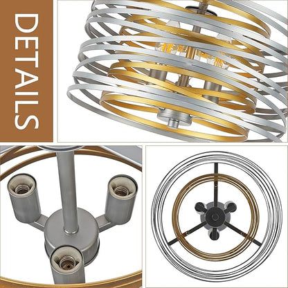 ACNKTZ 12.6'' Drum Pendant Light Fixture Hanging, Retro Semi Flush Mount Chandelier, Silver Chandeliers for Dining Room Bedroom Stairwell Breakfast Area, Silver with Gold Interior