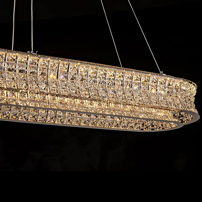 47" LED Rectangle Chrome Crystal Chandeliers for Dining Room, Luxury, Rectangular Modern Crystal Oval Kitchen Chandelier, Dimmable LED with Remote, for Dining Room, Kitchen Island