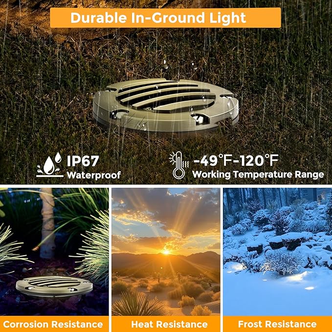 Gardencoin Brass Low Voltage Landscape Well Lights (5" Cover, 5.5" Tall), 12V LED Wired In-Ground Outdoor Up Lighting Fixture Waterproof, Adjustable Beam Direction Base, Without MR16 Bulb (4 Pack)