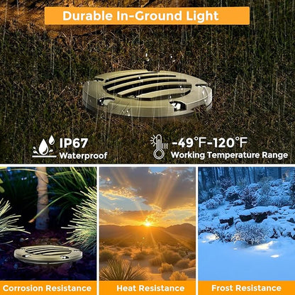 Gardencoin Brass Low Voltage Landscape Well Lights (5" Cover, 5.5" Tall), 12V LED Wired In-Ground Outdoor Up Lighting Fixture Waterproof, Adjustable Beam Direction Base, Without MR16 Bulb (4 Pack)