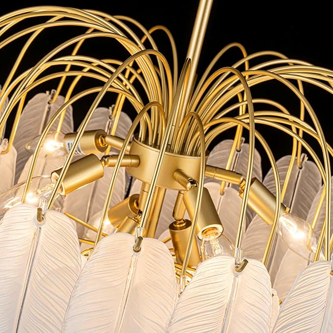 LumFurn 8-Light Gold Chandeliers, 4-Tier Modern Pendant Light Fixture for Dining Room, Living Room, D21 x H24~54" Adjustable Height, Frosted Feather-Shaped Glass Shade & Brass Finish Frame
