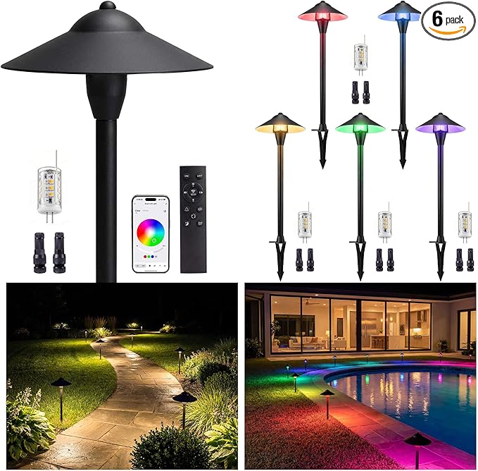 RGBCW Smart Path Lights Low Voltage, Bluetooth App Controlled Tunable Warm/Daylight 2700K-6500K G4 Bulb, 12v Aluminum Black with Wide Cap, Landscape Lighting for Garden Driveway 6 Pack