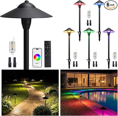 RGBCW Smart Path Lights Low Voltage, Bluetooth App Controlled Tunable Warm/Daylight 2700K-6500K G4 Bulb, 12v Aluminum Black with Wide Cap, Landscape Lighting for Garden Driveway 6 Pack