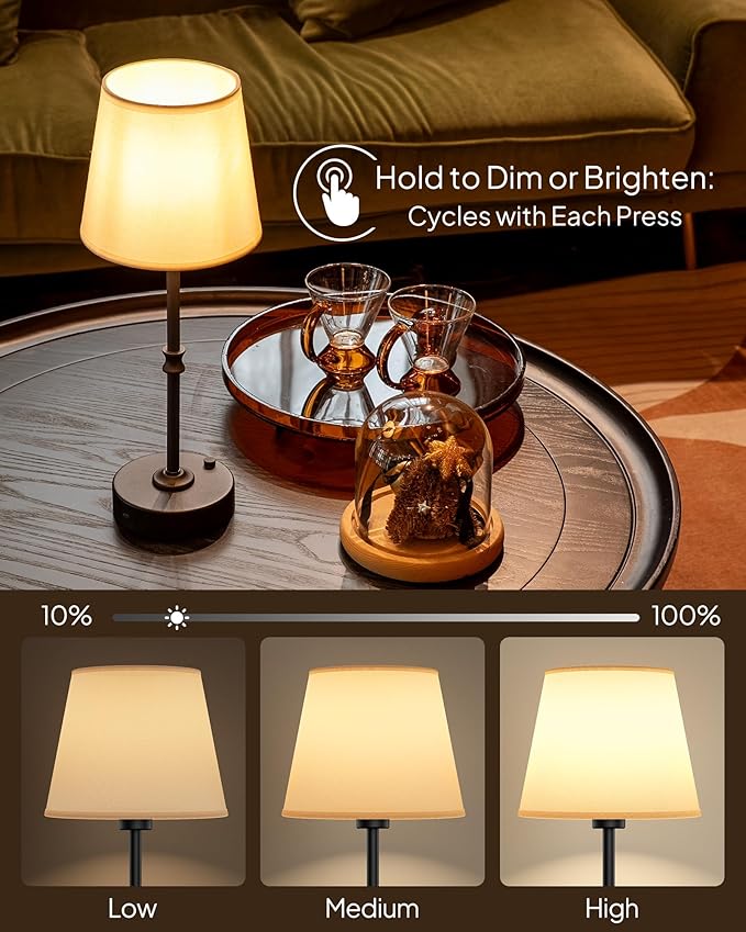 EppieBasic Cordless Table Lamp Rechargeable: Fast Charging & Long Lasting - 2700K Warm Light Small Vintage Brass Bedside Lamps - Dinning Living Room Bedroom - 2 Pack