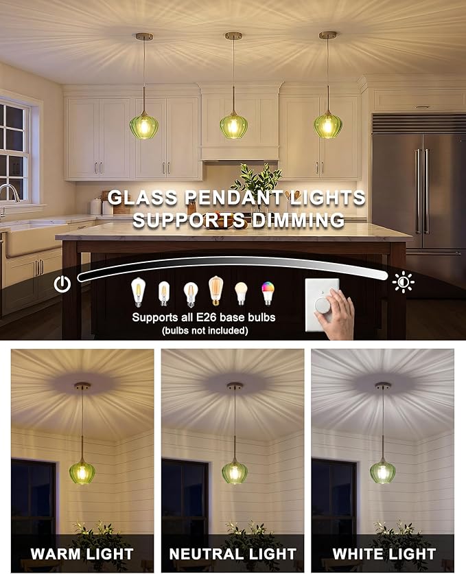 Green Pendant Lights Kitchen Island, 7" Vintage Glass Pendant Lighting with Brushed Nickel Adjustable Hanging Light Fixtures for Kitchen, Dining Room, Sink, Bathroom