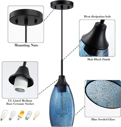 Viinew Mini Glass Pendant Light 1-Pack Handblown Clear Dark Blue Seeded Glass Shade Adjustable Cord Ceiling Light Fixture for Kitchen Island Sink 4.72"