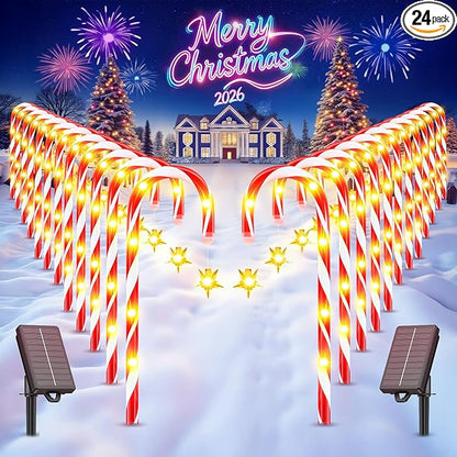WdtPro 24-Pack Upgraded Solar Christmas Candy Cane Lights, Solar Pathway Lights Waterproof, Christmas Decorations Outdoor with 10 Modes and Bright 144 LED for Yard Garden Lawn Patio Party Decor