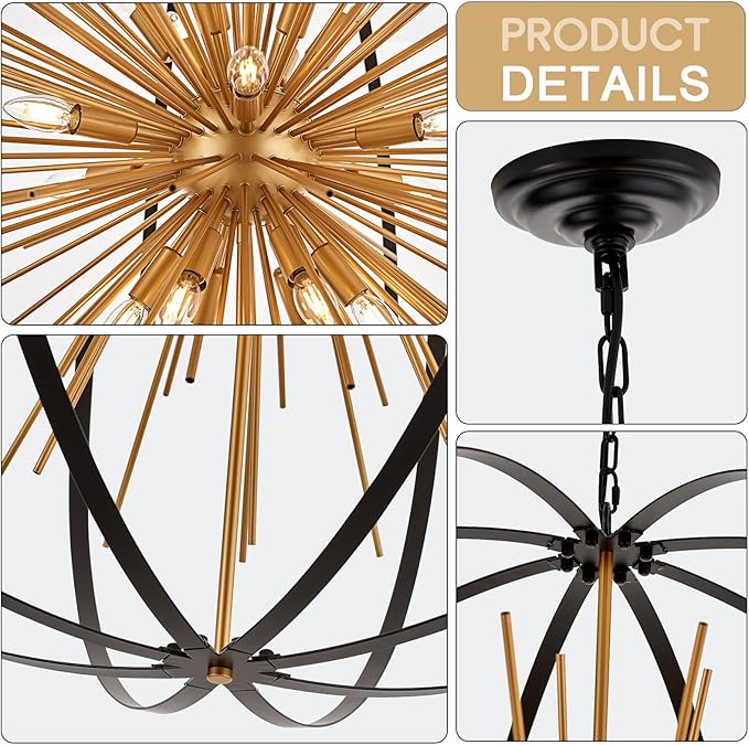 43.3" Black Gold Large Globe Sputnik Chandelier, 18-Light Mid Century Modern Starburst Golden Solid Metal Satellite Light Fixture for High Ceiling Living Room Dining Room Stairway, E12