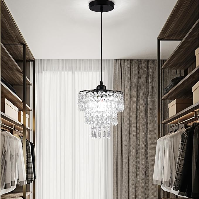FRIXCHUR Black Small Crystal Chandelier Pendant Light Semi Flush Mount Ceiling Light for Hallway Foyer Closet Bedroom, 7.9 Inch