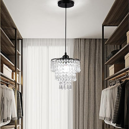FRIXCHUR Black Small Crystal Chandelier Pendant Light Semi Flush Mount Ceiling Light for Hallway Foyer Closet Bedroom, 7.9 Inch
