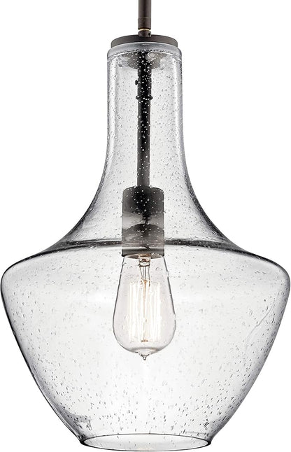 Kichler Everly 15.25" Kitchen Bell Pendant in Olde Bronze®, 1-Light Clear Seeded Glass Pendant Light, (15.25" H x 10.5" W), 42141OZCS