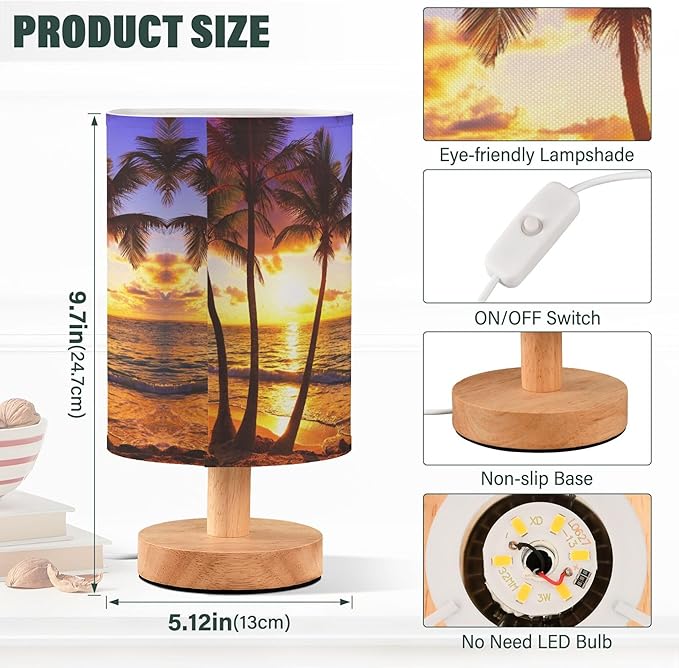 Coconut Palm Tree Sunset Ocean Tropical Island Table Lamp with Wood Base Fabric Lamp Shade Bedside Nightstand Desk Lamp for Living Room Bedroom Kids Room Office