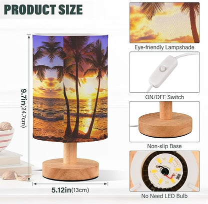 Coconut Palm Tree Sunset Ocean Tropical Island Table Lamp with Wood Base Fabric Lamp Shade Bedside Nightstand Desk Lamp for Living Room Bedroom Kids Room Office