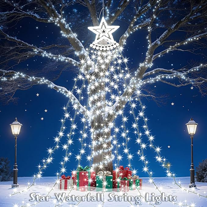 Star String Lights, 350 LED Tree Waterfall Fairy Lights, Outdoor Waterproof Christmas Decoration Lights with Remote, 16FT X 9 Hanging LED Lamp for Garden Yard Wedding Birthday Festival, Cool White