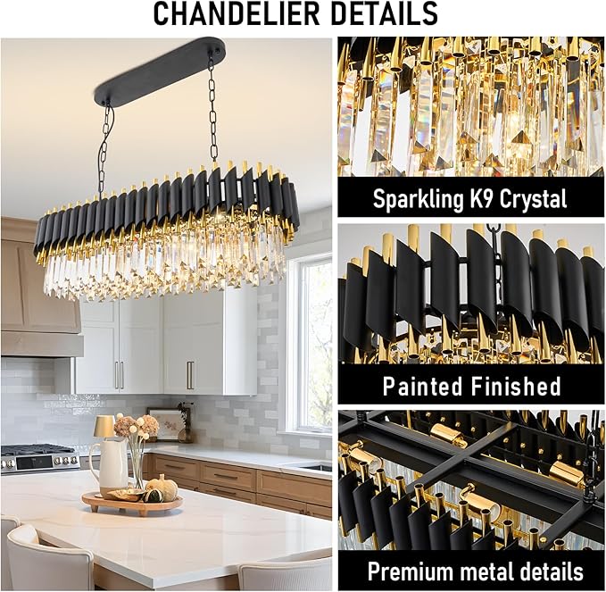 Modern Rectangular Chandelier Black and Gold Crystal Chandeliers for Dining Room 3 Tier 8-Light Oval Contemporary Ceiling Pendant Light Fixture for Kitchen Island Bar Living Room L33 inch